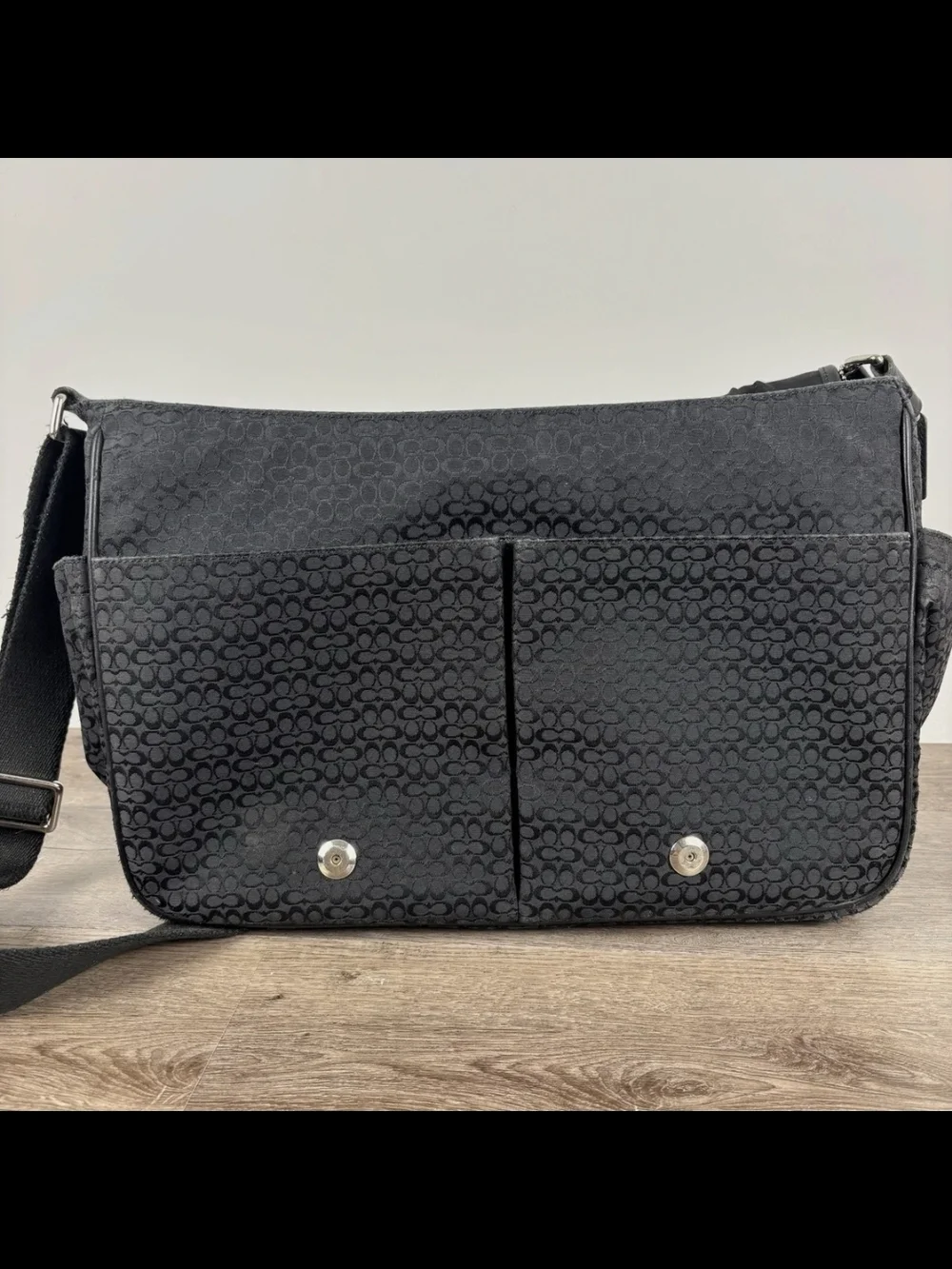 Coach Black Signature Jacquard Messenger Bag with Center Leather Panel